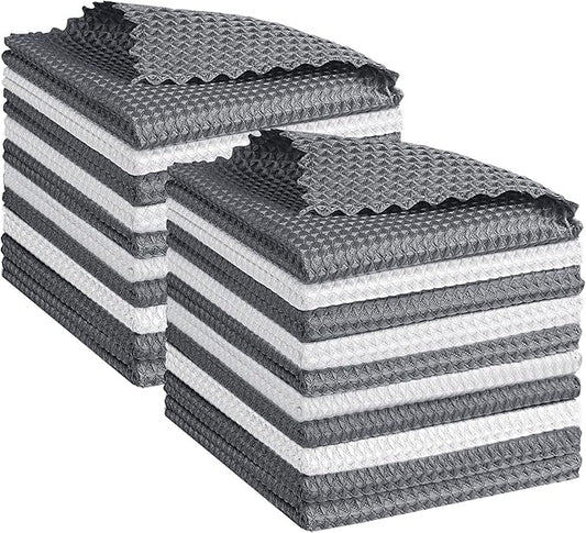 GLIMGLINT Waffle Weave Microfiber Towel, Lint Free Microfiber Cleaning Cloth for Household, Reusable Dish Towels, 20Pack, 11.5x11.5 Inch, (12 Grey, 8 White)