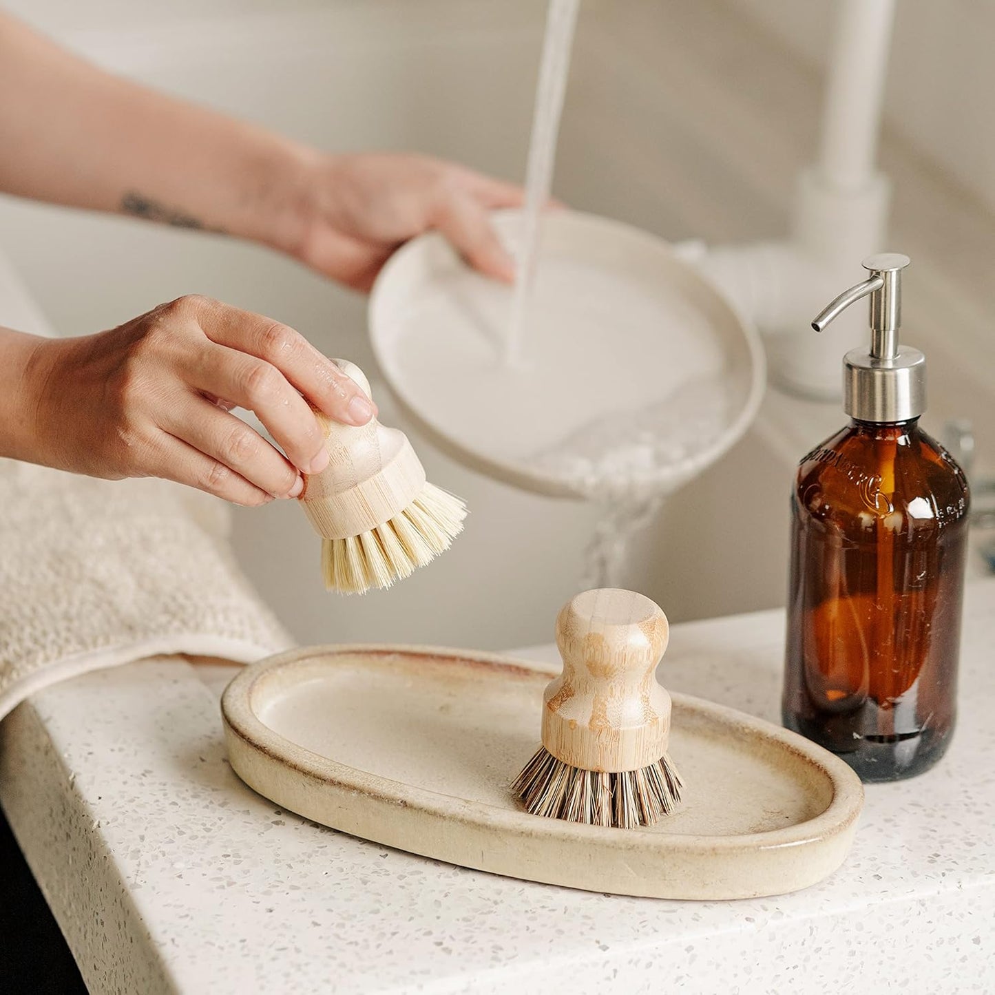 Jungle Culture Kitchen Dish Scrubber Set of 2 • Bamboo Dish Brush for Washing Pots, Pans, Dishes & Plates • Natural Bristle Wooden Brushes for Washing Up • Zero Waste Firm & Soft Eco Scrub Brush