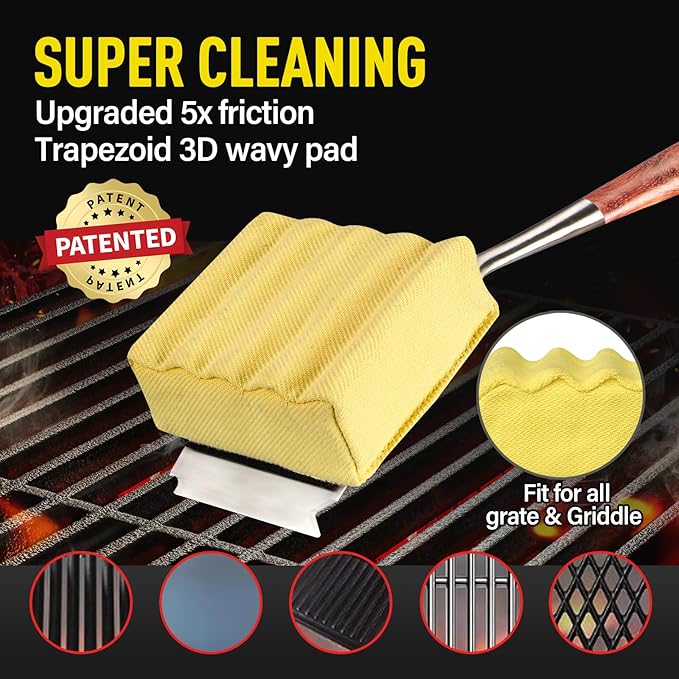 Bristle-Free Steam Cleaning Grill Brush,with Extended Luxurious Rosewood Handle,Unique Wavy Pad Seamless-Fit Cast Iron/Stainless-Steel Grates,Safe Grill Cleaner for Outdoor Grill