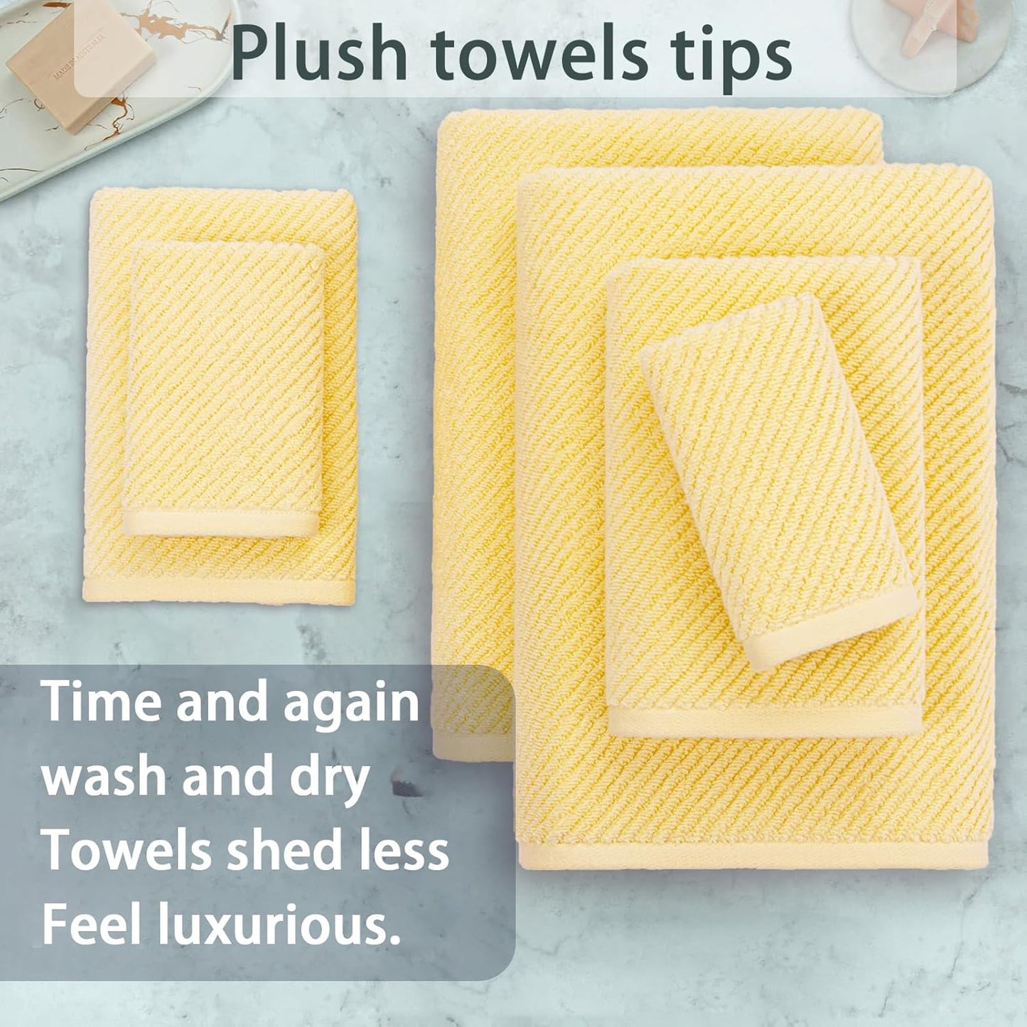 VOOVA & MOVAS Yellow Bath Towels - 100% Cotton | Quick Dry | Light Weight | Thick | Soft, 6 Piece Towel Set, 2 Large Bath 30"x56", 2 Hand 18"x28", 2 Washcloths 13"x13", Lemon Yellow Towel Gift Set