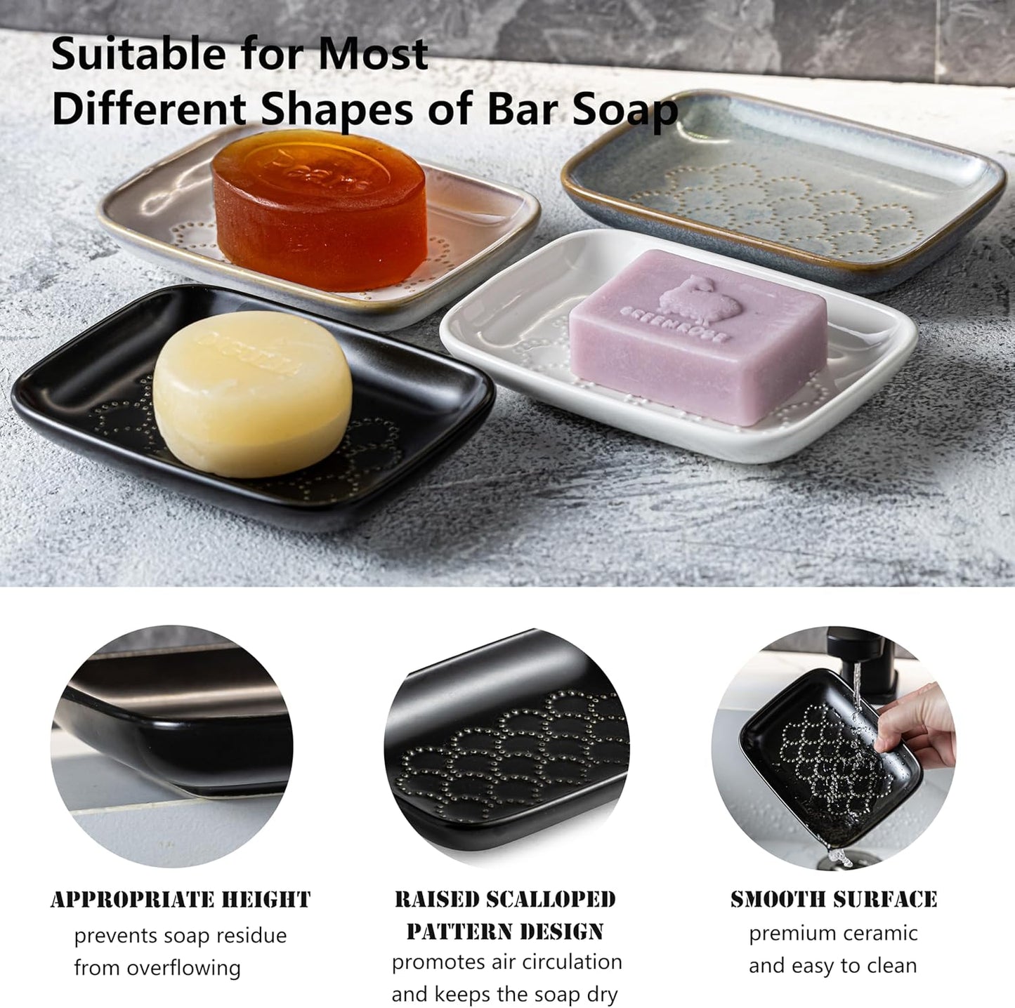 Gomakren Soap Dish for Shower, Ceramic Soap Dishes for Bar Soap Sponge, Halloween Shower Soap Holder Saver Tray for Bathroom Kitchen Sink, Easy to Clean, Black