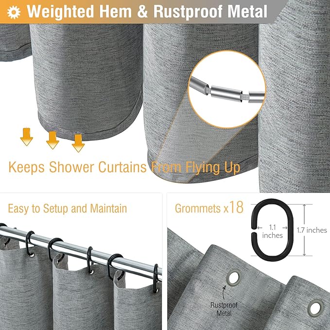 BTTN Extra Wide Shower Curtain - 108x72 Inch Linen Textured Waterproof Fabric Shower Curtain Set with 18 Plastic Hooks, Large Modern Neutral Cloth Shower Curtains for Bathroom and Bathtub - Grey/Gray
