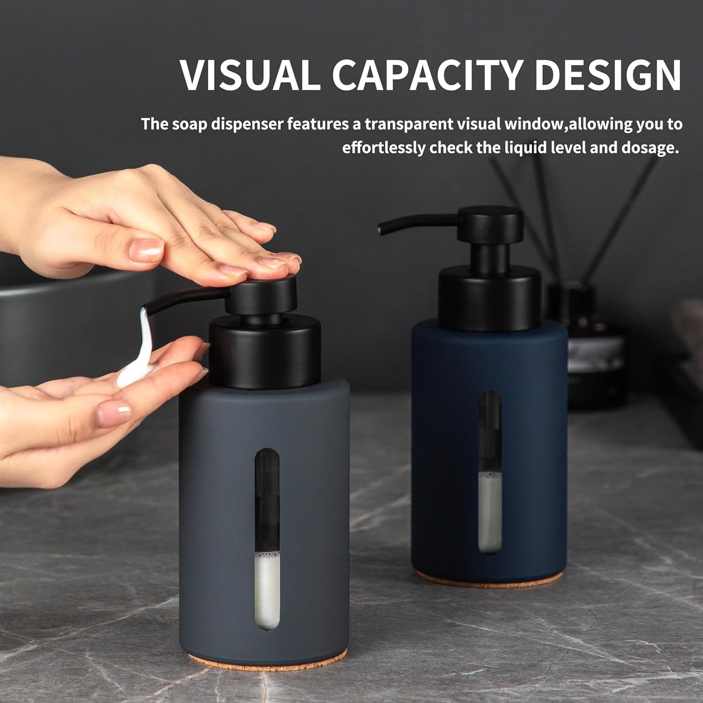 Enra Dish Soap Dispenser with Window,12oz Gary Kitchen Soap Dispenser with Stainless Steel Hand Pump,Glass Liquid Soap Dispenser Modern Lotion Bottle for Bathroom Kitchen(Dark Gray/Liquid Type)