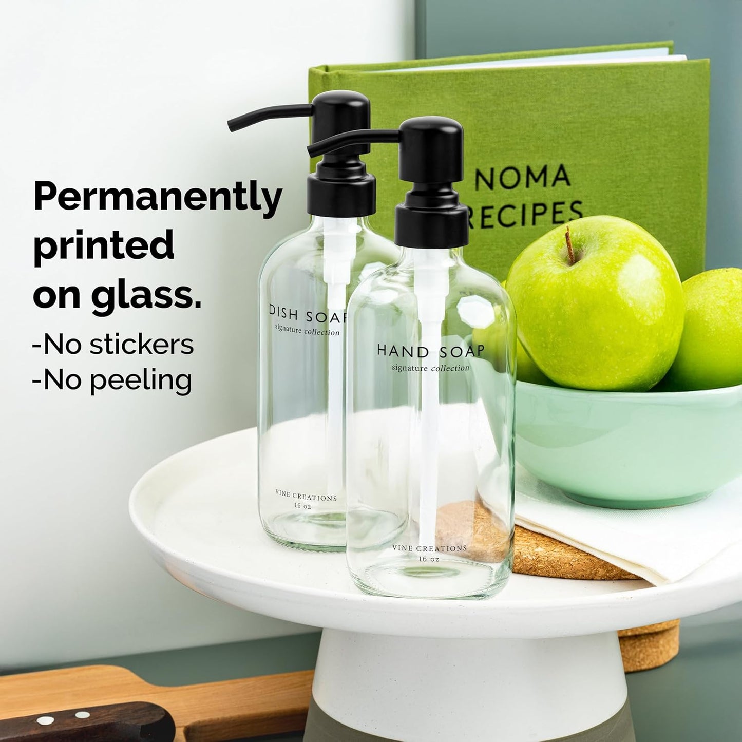 Vine Creations Clear Glass Soap Dispenser Set, Dish Soap and Hand Soap Dispenser Set with Stainless Steel Pump, 16 oz Glass Dispensers for Kitchen Bathroom Decor (Clear Bottle/Matte Black Pump)
