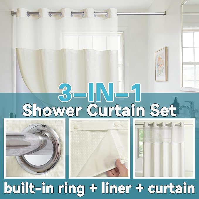 Conbo Mio Stall No Hook Waffle Weave Shower Curtain with Snap in Liner Set, Hotel Luxury Beige Shower Curtains for Bathroom with See Through Top Window, Waterproof, Washable 54W x 74H
