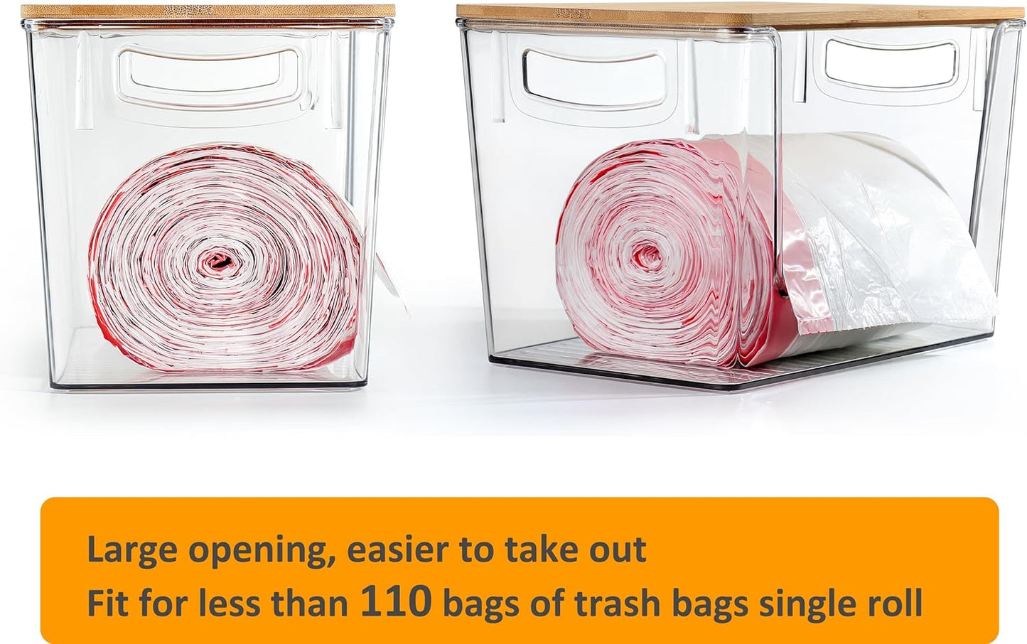 Hudgan Extra Large Trash Bag Holder Acrylic Trash Bag Dispenser Storage with Bamboo Top and Handles