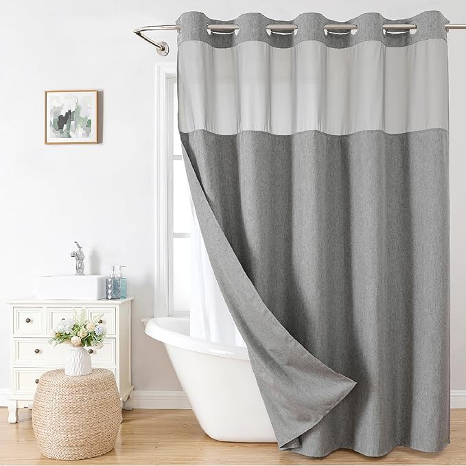 No Hooks Needed Linen Textured Shower Curtain with Snap-in Fabric Liner Set,Grey Hotel Luxury Decor Shower Curtains for Bathroom,Waterproof & Washable,71Wx77H