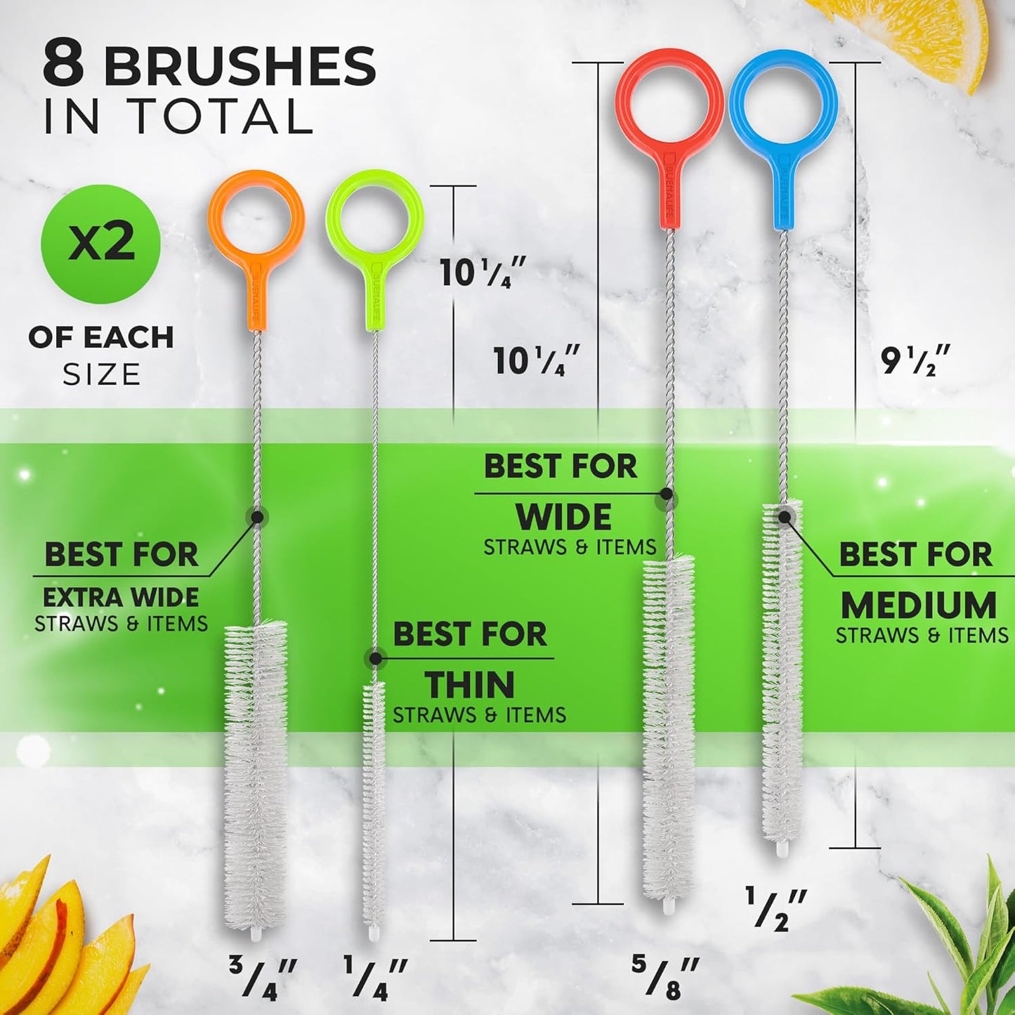 Heavy Duty Cleaning Brushes Set of 8 - Extra Long Straw Cleaners for Metal and Plastic Reusable Drinking Straws, to Clean Small Spaces, Sippy Cups, Water Bottles - Sturdy Hard Brush Bristles