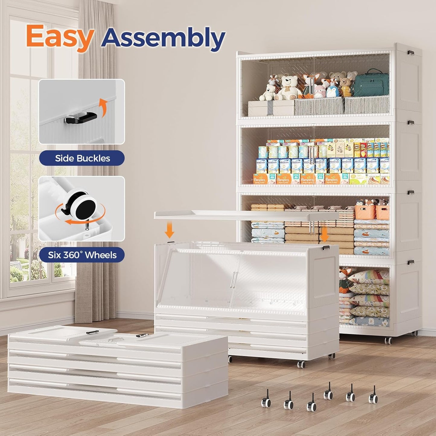 150GAL Extra Large Storage Bins with Lid, 600QT Collapsible Organizer with Wheels, Stackable Closet Cabinet with Doors, Folding Storage Containers for Home, Office, Dorm, 3Pack White