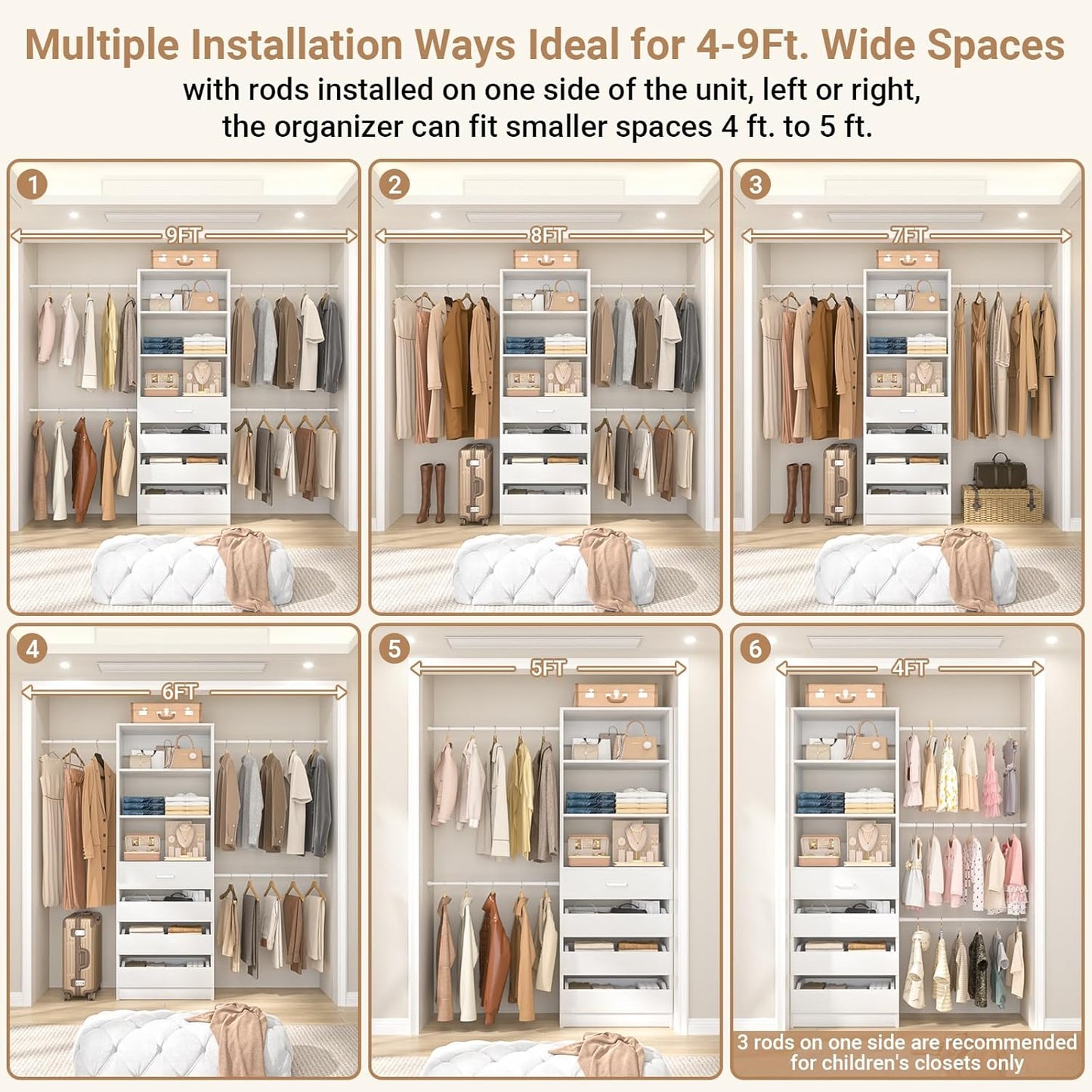 Aheaplus Closet System, 4-9Ft Closet Organizer with 4 Wooden Drawers, Wood Closet Organizer System with Tower, Walk-in Closet Organizer Wardrobe Clothes Rack with 4 Hanging Rods, Garment Rack, White