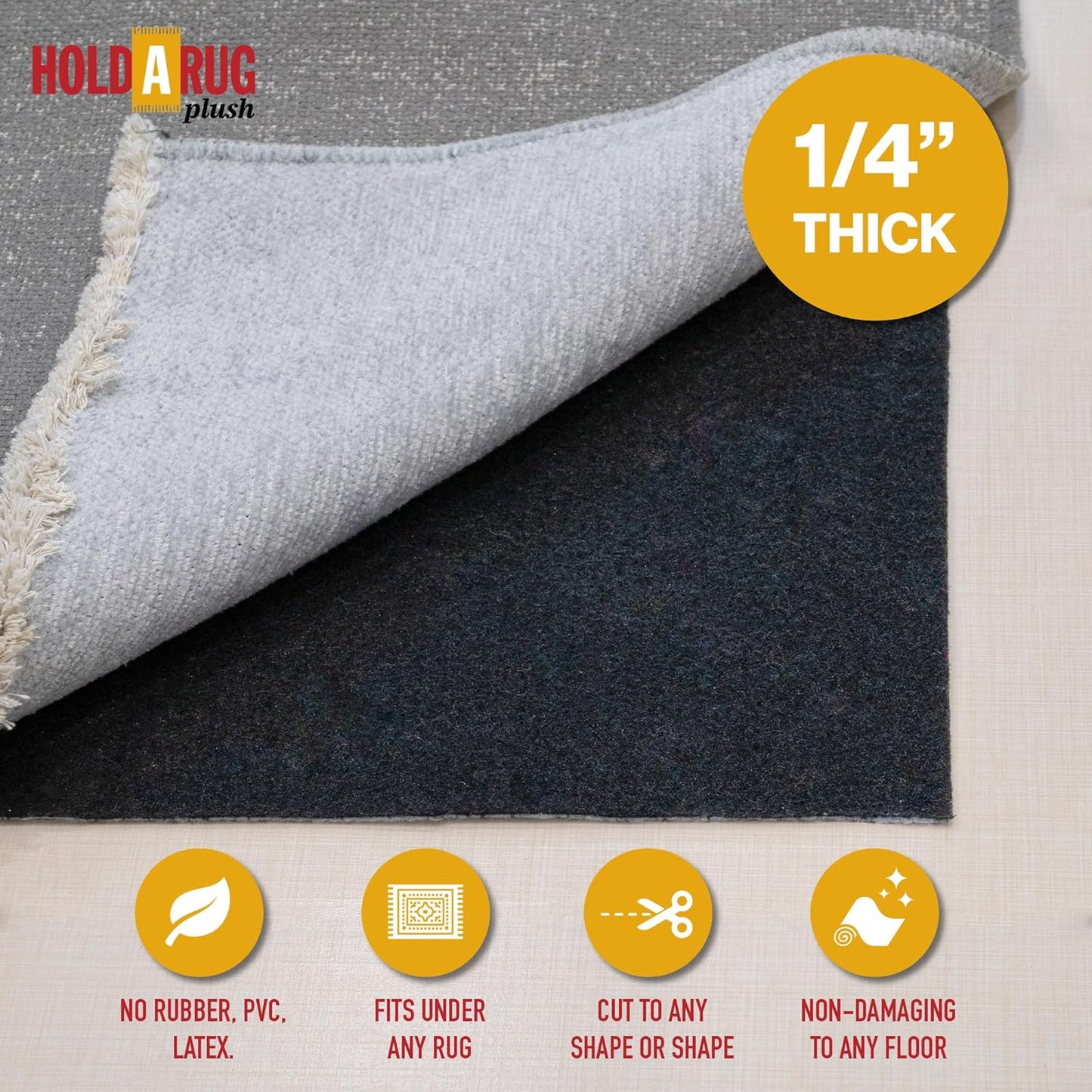 Hold-a-Rug Plush 9' x 12' Nonskid, Nonslip Rug Pad, Reversible Gripper, ¼ Thick, Safe for All Floors and Carpet, Keep Area Rugs Secure