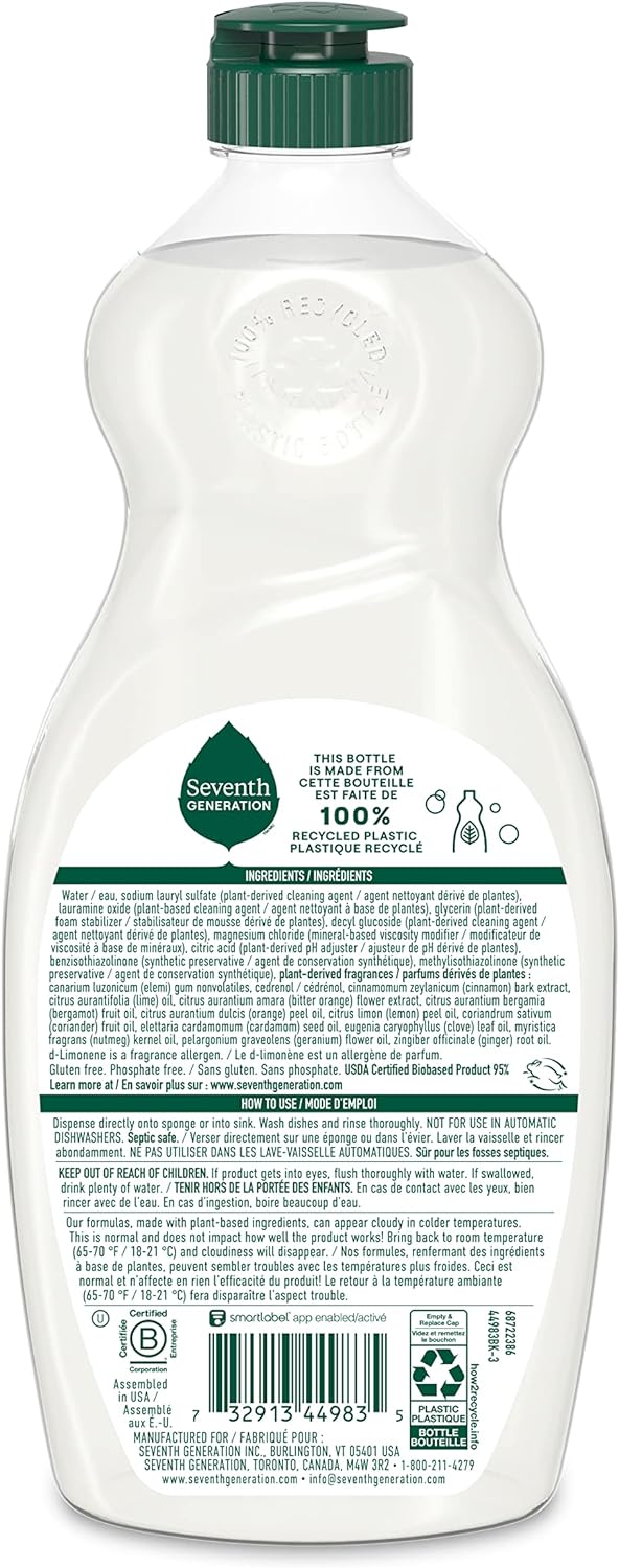 Seventh Generation Dish Soap Fresh Lime & Ginger Scent 1 count Dishwashing Soap Dish Detergent Liquid Soap 19 oz