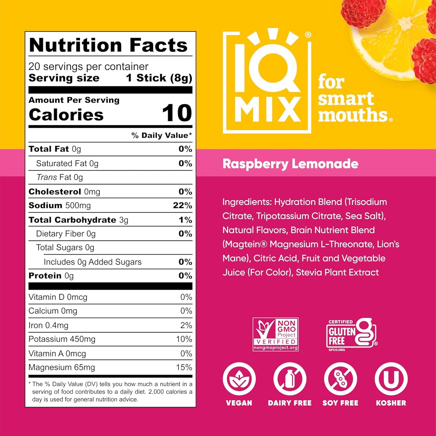 IQMIX Hydration Electrolyte Powder – 4-in-1 Formula for Hydration, Mental Clarity, Mood and Recovery – Sugar-Free Drink Mix, Keto, Magnesium L-Threonate, Lion’s Mane – 20 Count New Raspberry Lemonade