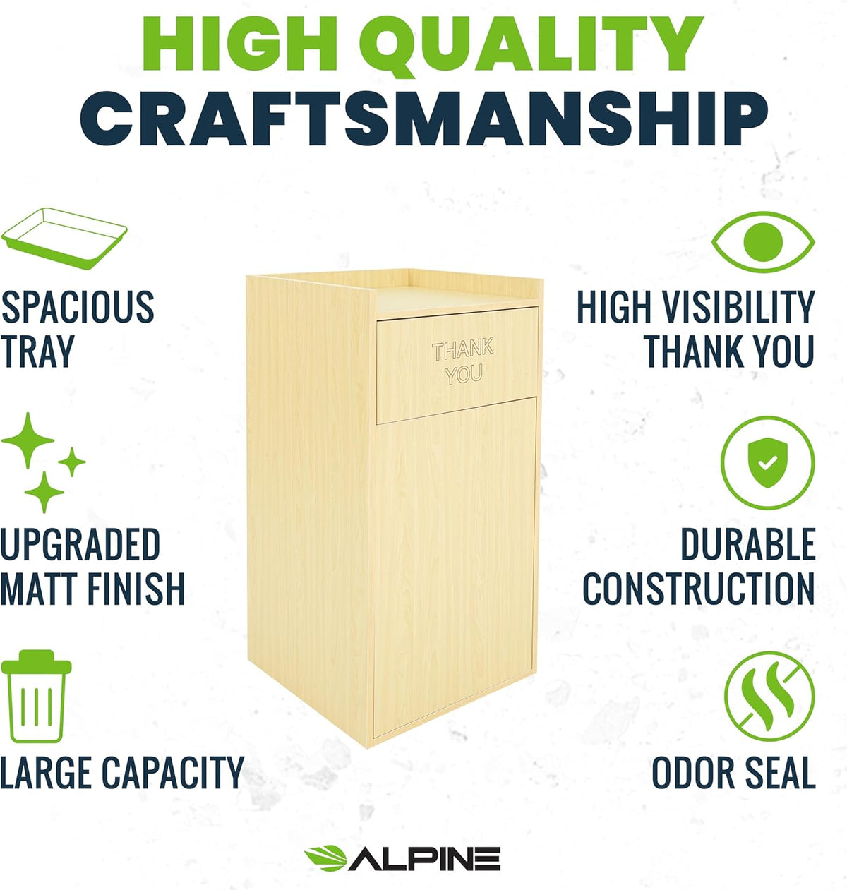 Alpine Restaurant Trash Can Cabinet with Tray Holder - Thank You Trash Can, Commercial 40 Gallon Garbage Can Cabinet for Restaurants, Cafeterias (Oak)