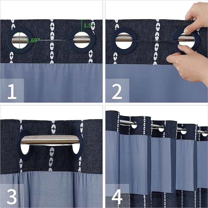 No Hook Long Shower Curtain Set with Snap-in Fabric Liner,Linen Textured Thick Striped Fabric with Tassels,Boho Farmhouse Rustic Luxury Bathroom Curtain,Water-Repellent,Navy Blue,71x80