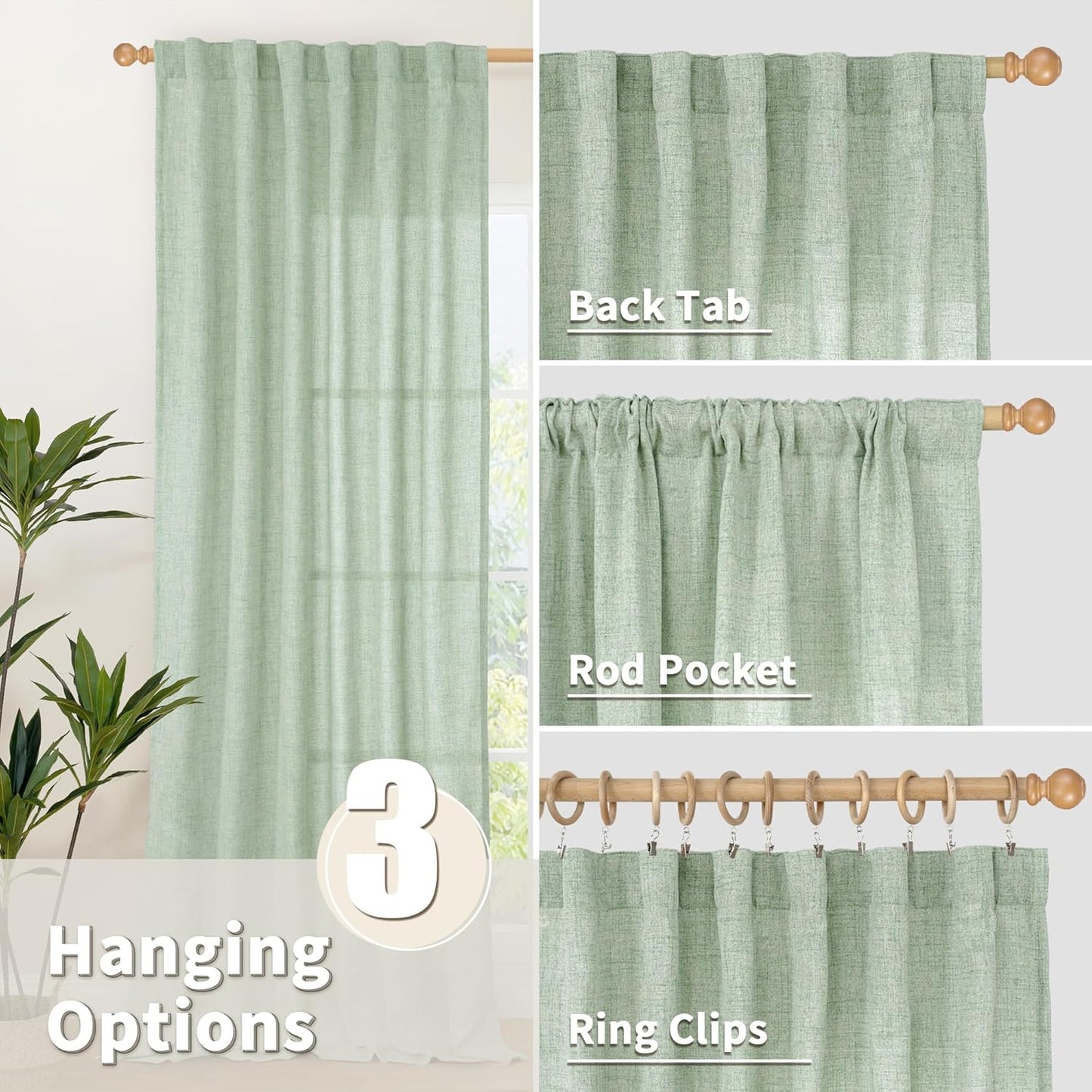 YoungsTex Sage Green Short Linen Curtains 48 Inch Length for Kitchen, Semi Sheer Small Window Drapes Rod Pocket Back Tab Light Filtering for Living Room Cafe Spring Decor, 2 Panels, 42 X 48 Inch