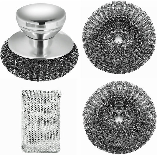 Stainless Steel Wool Scrubber with Short Handle Steel Scrubber Wool Pads for Cleaning Dishes Metal Scrubber Pot Scrubbers for Iron Pots, Stoves, Barbecue Grills, Wash Sink,Pans,2 Replace Heads