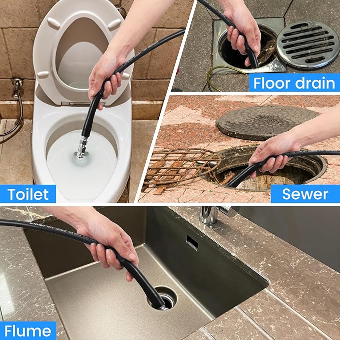 50FT Sewer Jetter Kit for Pressure Washer, 5800 PSI Water Jet Drain Cleaner Hose With Corner Rotating Button Nose Nozzle, 1/4 Inch NPT, Spanner Handle and Strap