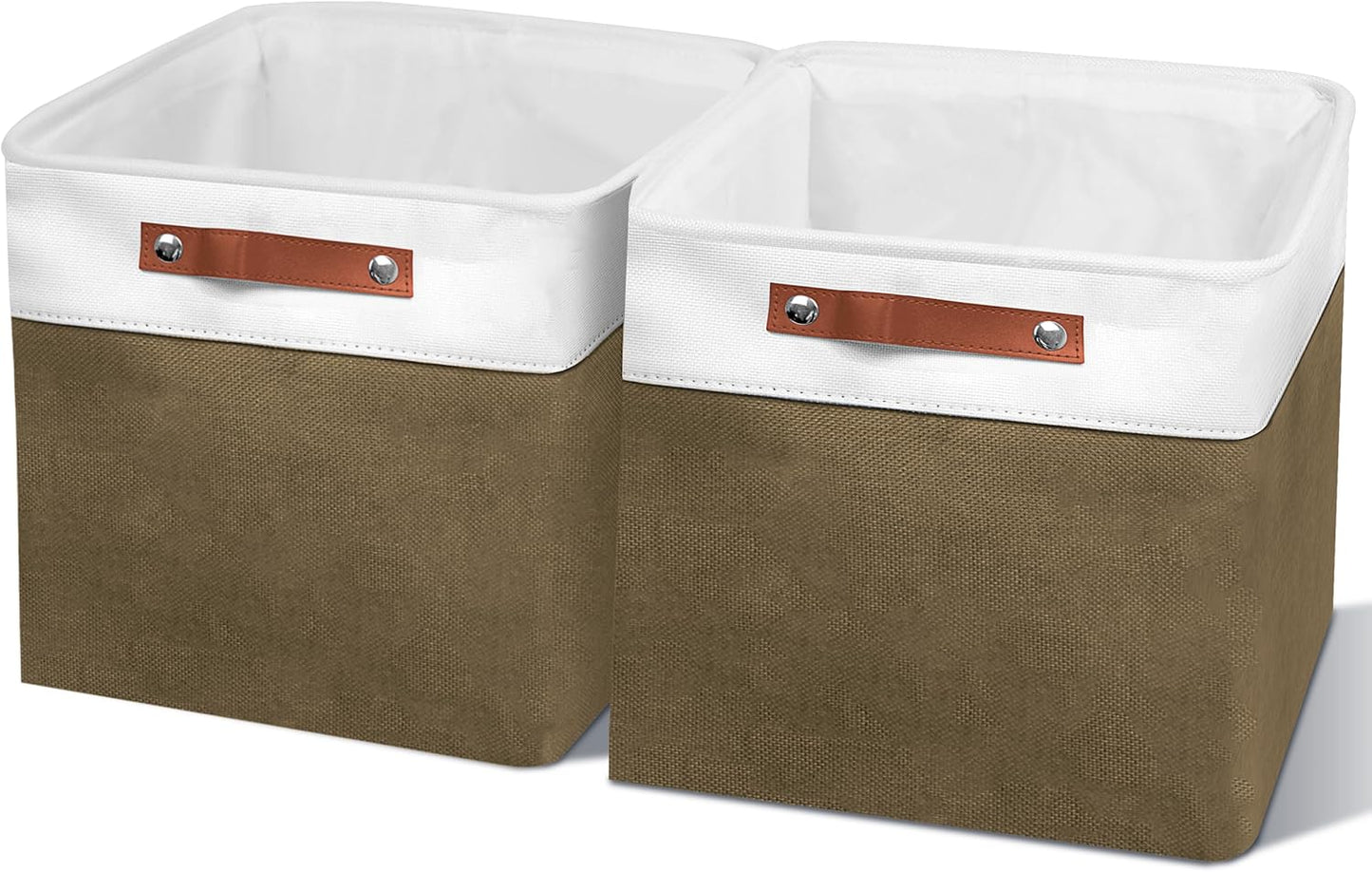 11in Open Fabric Storage Basket with Leather Handles for Organizing, Collapsible Linen Closet Bins for Shelves, Closets, Laundry, Decorative Basket for Gifts. (White＆Brown, 2PCS/11x11in)