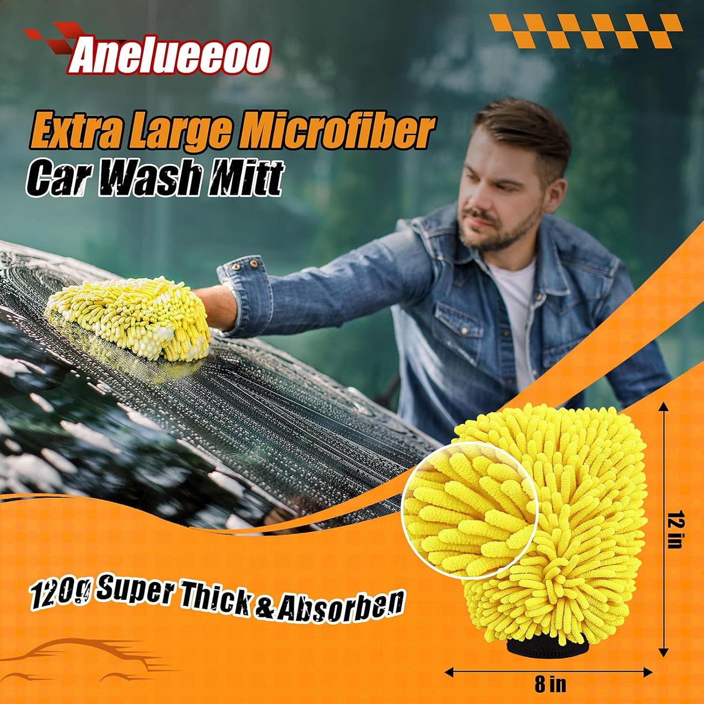 Car Wash Mitt Microfiber, Premium Chenille Microfiber Wash Car Mitts Sponge Scratch Free & Lint-Free, Mitts Waterproof Lining 4 Pack Yellow (8''X12'')