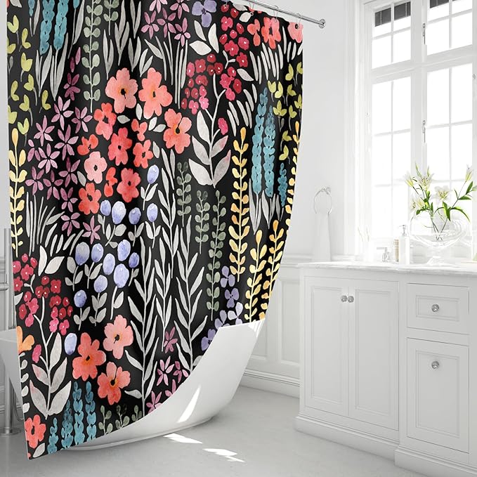 Long Shower Curtain 72 x 78 Inch, Tall Cute Floral Shower Curtain for Bathroom, Colorful Wildflower Boho Cottagecore Fabric Shower Curtain Set with Hooks, Black