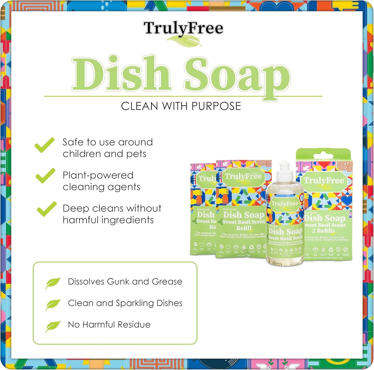 Truly Free Natural Concentrated Dish Detergent Dishwashing Liquid | Plant-Based Dish Soap | Sweet Basil Fresh Scent | 2 Refill Packs with 1 Empty Refillable Squeeze Bottle (16 Oz)