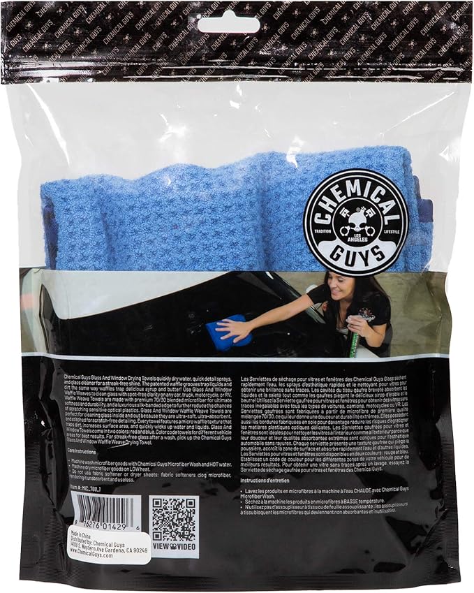 Chemical Guys MIC708 Waffle Weave Glass and Windor Microfiber Towel, Great for Cars, Trucks, SUVs, RVs & More, Blue (24"x16")