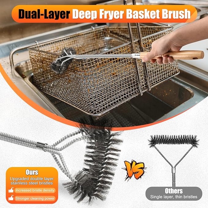 Fryer Cleaning Tools Set of 3, Stainless Steel Deep Fryer Basket Brush, Long Handle L-Shaped Crevice Cleaning Brush and Cleanout Rod Kit for Kitchen Restaurant, Electric Fryer Degreasing Scrubber Tool