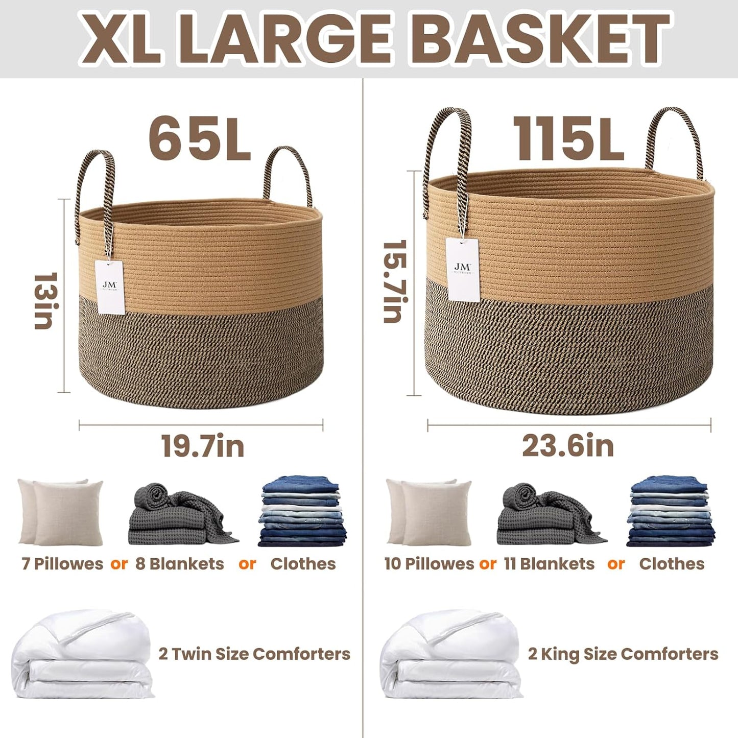 Woven Blanket Basket,115L Large Rope Storage Bin with Handles, Organizer for Blankets Toys Book and Clothes, Laundry Basket for Living Room Bedroom Nursery,Jute&Black