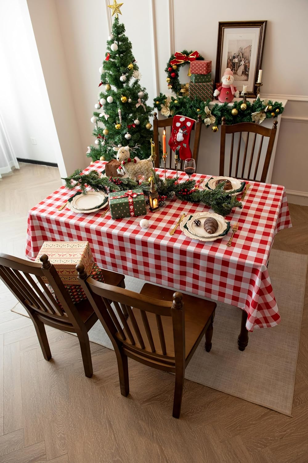 Classic Gingham Tablecloth Fabric - Oblong 58x120 Water Resistant Chequered Pattern Table Cloth for Indoor/Outdoor Use - Tabletop Cover for Birthday, Picnics, Gardens, and Parties