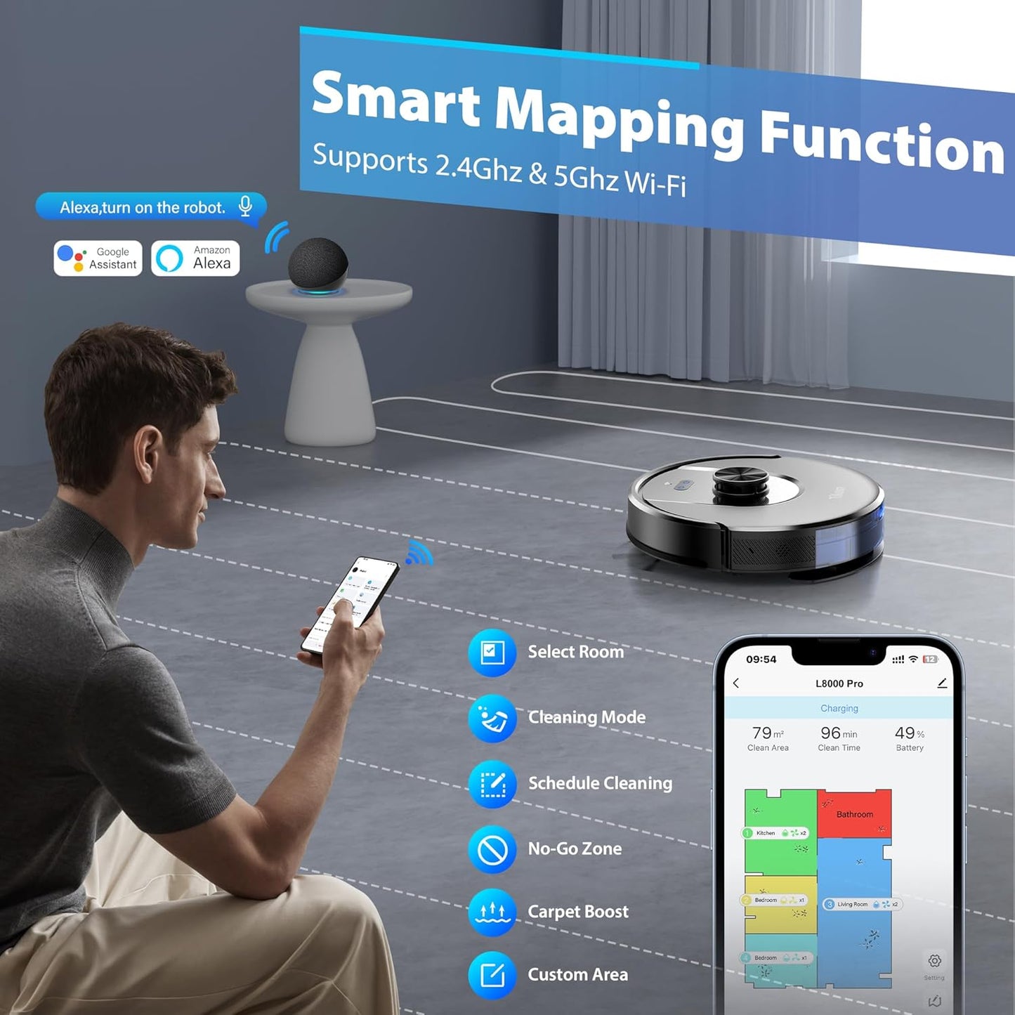 Tikom Robot Vacuum and Mop Combo, 6000 Pa Automatic Robotic Vacuum Cleaner, Smart Mapping, 150 Min Max, Ideal for Pet Hair, Hardfloors, Carpets, Home(L8000 Pro)