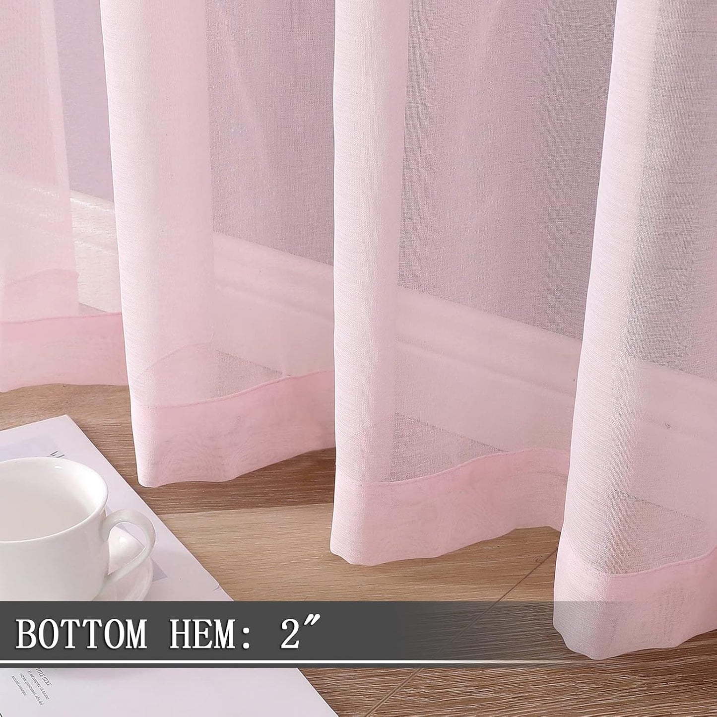 Tollpiz Sheer Curtain Linen Textured Living Room Curtains Sheer Light Filtering Rod Pocket Voile Curtain for Bedroom, 54 x 72 inches Long, Pink, Set of 2 Panels