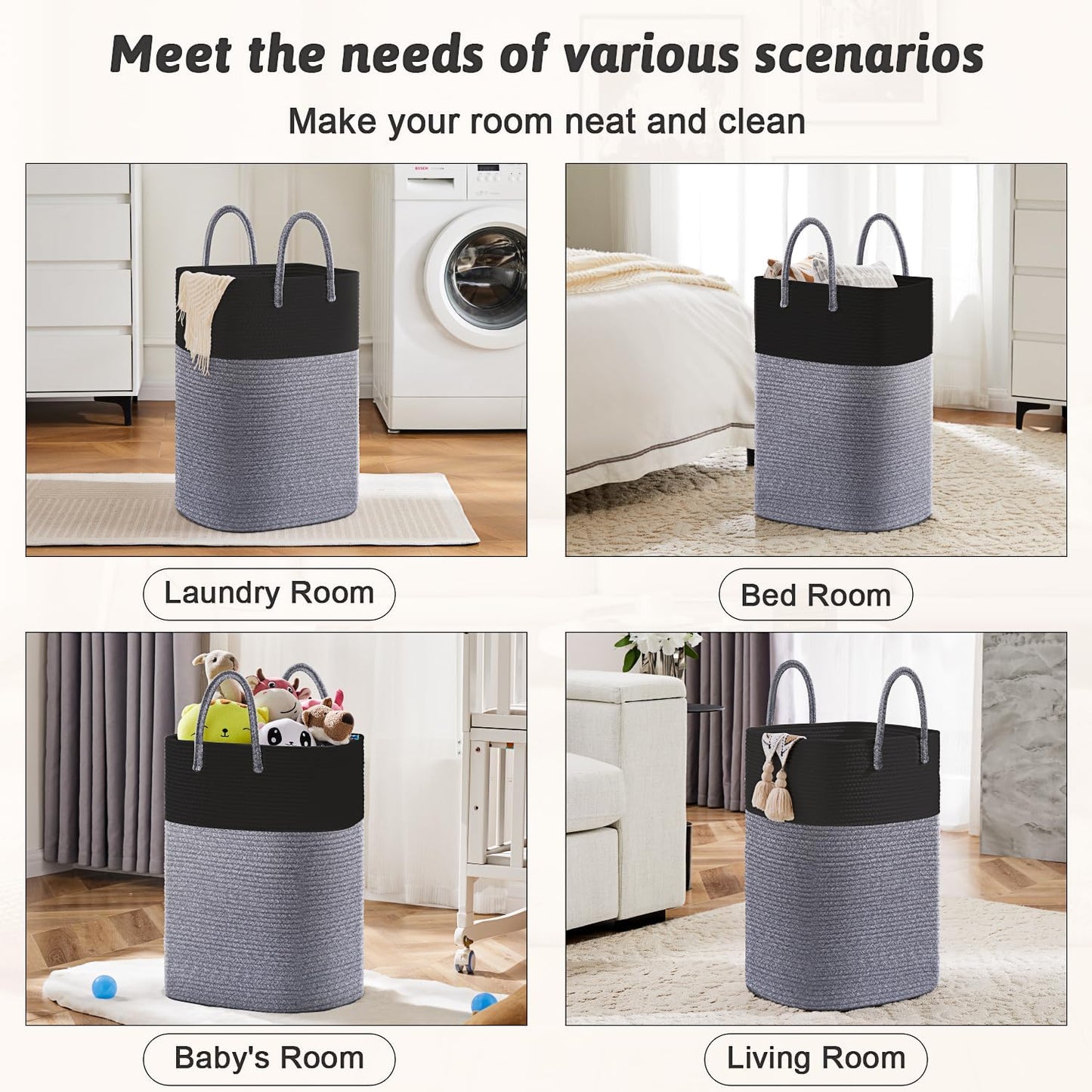 Laundry Basket,Woven Cotton Rope Laundry Hamper,Versatile Storage for Dirty Clothes,Baby Toys,and Blankets in Bathroom, Nursery,and Living Room (Black, 60L)