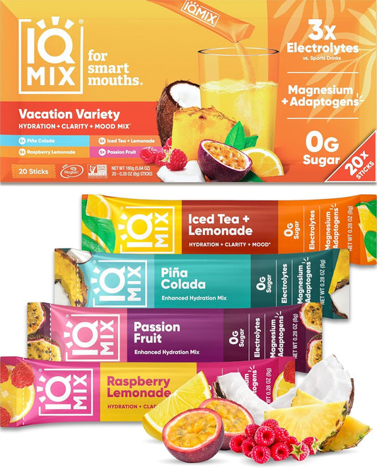 IQMIX Hydration Electrolyte Powder – 4-in-1 Formula for Hydration, Mental Clarity, Mood and Recovery – Sugar-Free Drink Mix, Keto, Magnesium L-Threonate, Lion’s Mane – 20 Count Vacation Variety Pack