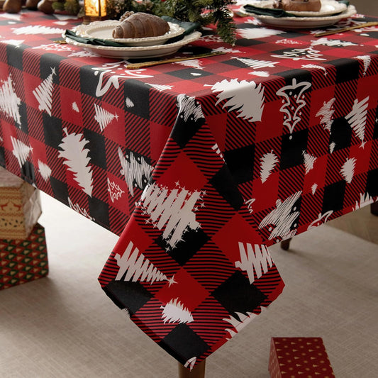 Classic Gingham Buffalo Xmas Tablecloth Fabric - Oblong 58x144 Inch Water Proof Checkered Table Cloth for Indoor Outdoor - Red Christmas Tree Table Cover for Christmas, Holiday, New Year