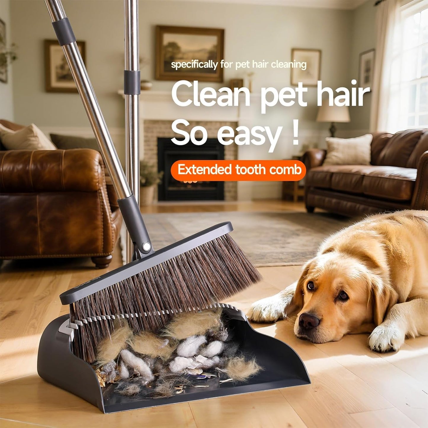 Broom and Dustpan Set for Home, Extra Brush Head & 51.6" Adjustable Long Handle, with Comb Teeth for Pet Hair, Lightweight Indoor Sweeping Kit for Hardwood Floor
