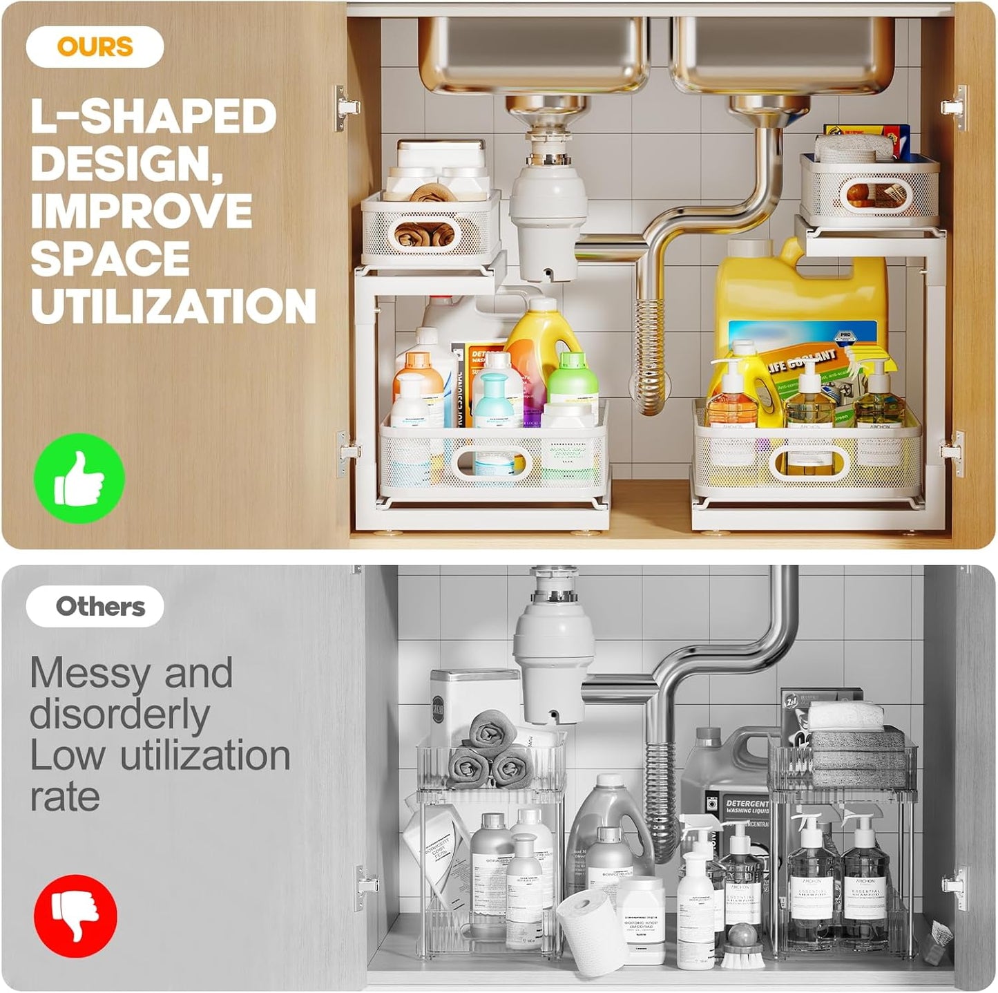 2-Pack Under Sink Storage Organizer with 2-Tier Slide Out Drawer, Sophisticated Mesh Pull Out Shelf for Kitchen & Bathroom, Fits Small Items, Upgraded Arched Track for Smooth Gliding(Patented)