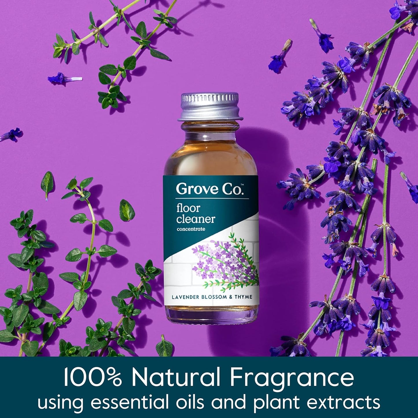 Grove Co. Floor Cleaner Refill Concentrate (2 x 1 Oz) + 1 x Durable Glass Spray Bottle (16 Oz) Plant-Based Cleaning Supplies Bundle, No Plastic Waste, 100% Natural Lavender & Thyme Scent