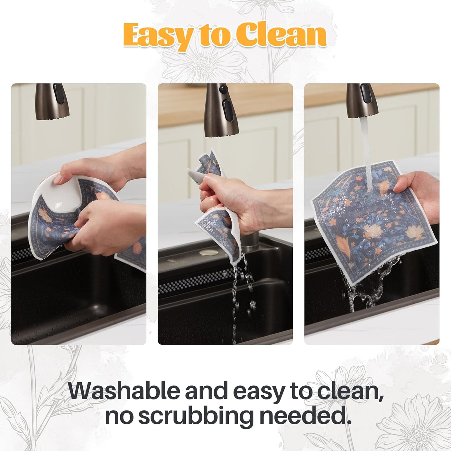JOYMOOP 12 Pack Decorate Cleaning Cloth (Simple Floral of Decorative Series), Reusable Absorbent Dish Towels, Non-Scratch Washable Rags for Cookware, Kitchen and Household Cleaning - 6.7×7.9 inch