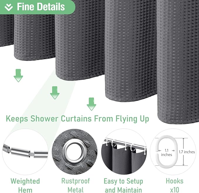 Dynamene Stall Fabric Shower Curtain, 60 x 84 inch Long Waffle Weave Weighted Thick Cloth Shower Curtain for Bathroom, Neutral Heavy Duty Hotel Spa Luxury Bath Curtain Set with 10 Hook, Charcoal Grey