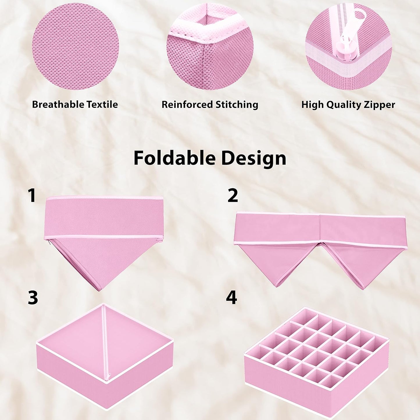 Simple Houseware 4-Pack Drawer Organizer Set - Closet Dividers for Underwear, Socks, Bras, Scarves, Ties - Foldable Non-Woven Storage Boxes, Pink