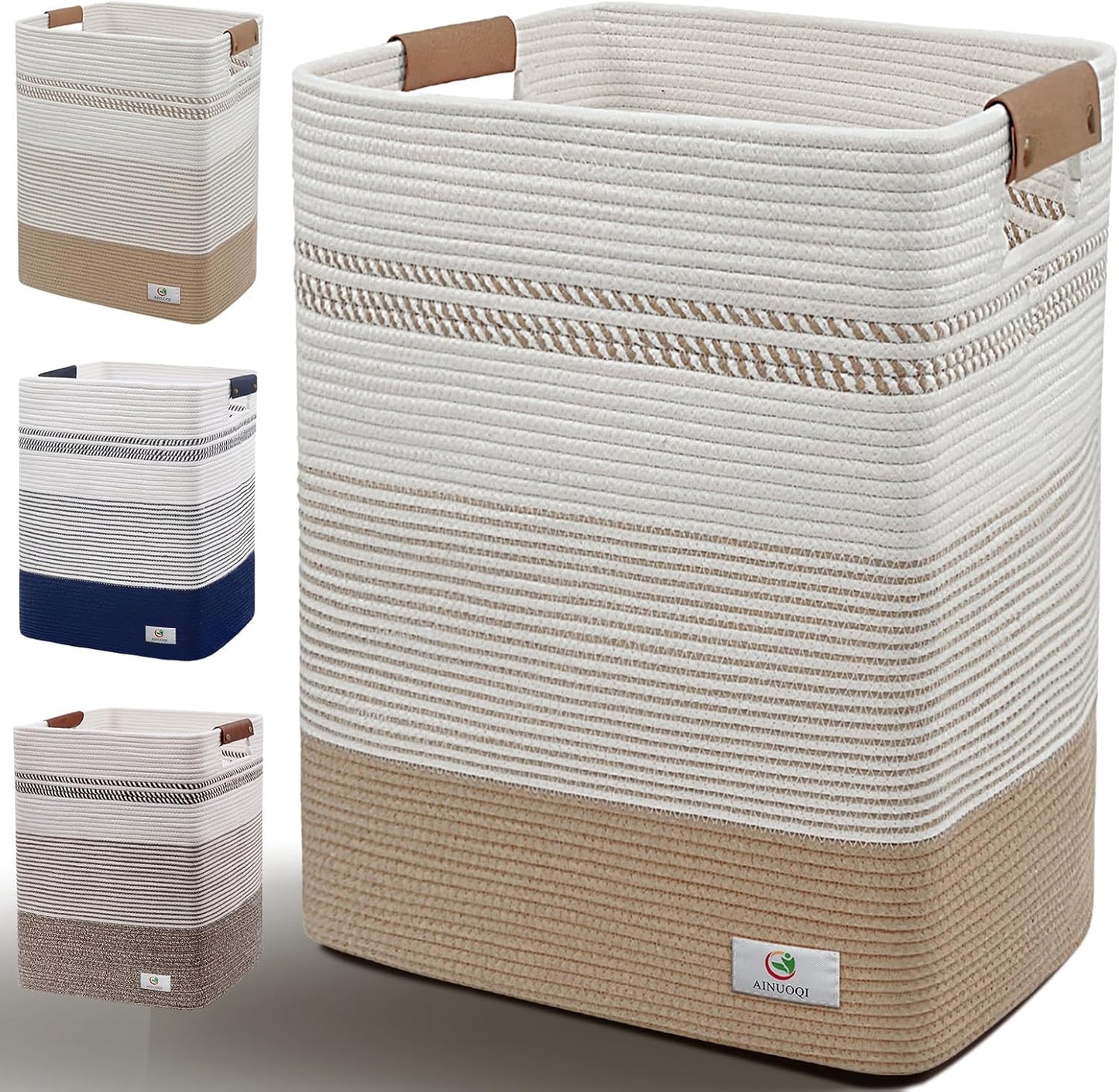 Laundry Hamper Large Laundry Basket with Leather Handles, Decorative Storage Cotton Rope Woven Basket for Blankets, Clothes Hamper for Living Room, Jute & White, 85L