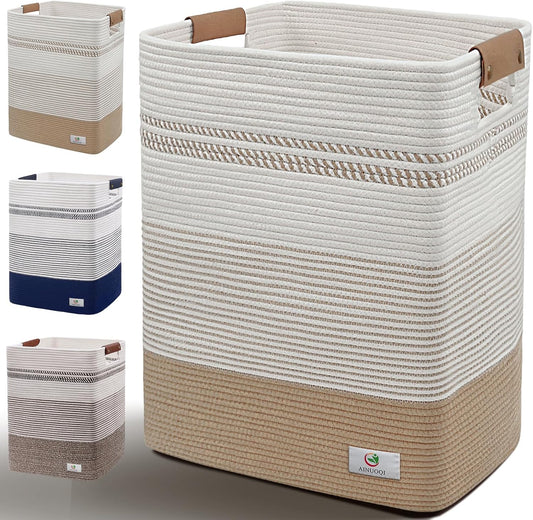 Laundry Hamper Large Laundry Basket with Leather Handles, Decorative Storage Cotton Rope Woven Basket for Blankets, Clothes Hamper for Living Room, Jute & White, 85L