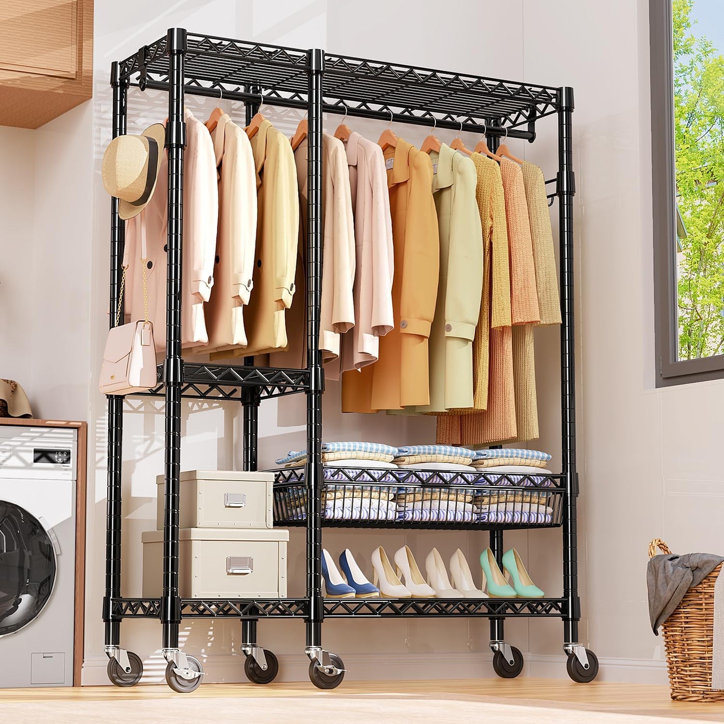 Heavy Duty Rolling Garment Rack 4 Tiers Adjustable Wire Shelving Clothes Rack with Rods and Side Hooks, Storage Closet Clothing Rack with Wheels Black 17.7" D x 47.2" W x 83.6" H