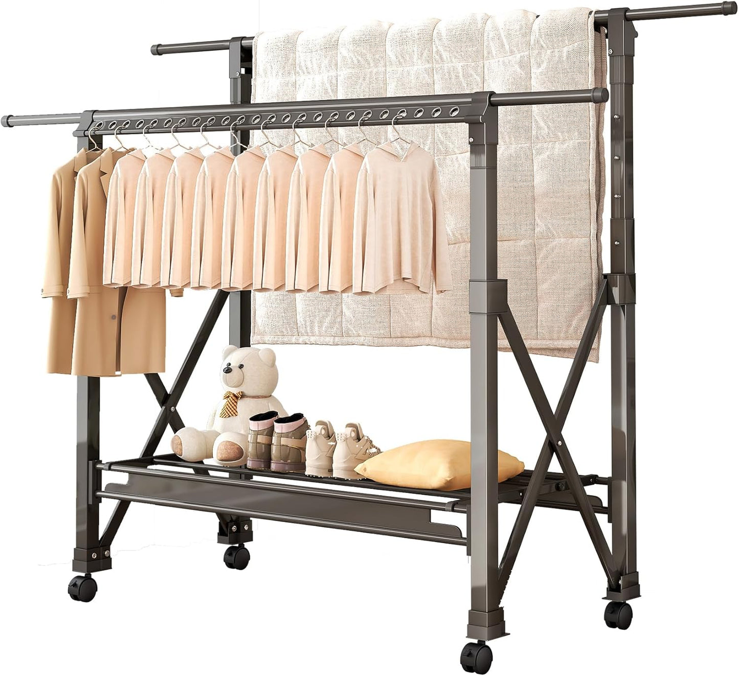 Heavy Duty Rolling Clothing Rack with Wheels, Portable Double Rod Metal Garment Rack, Clothes Drying Hanging Organizer for Laundry, Storage, Freestanding Adjustable Coat Hanger (Extendable, Grey)