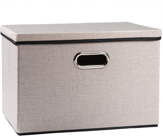 PRANDOM Large Foldable Storage Bin with Lid [1-Pack] Linen Fabric Decorative Storage Box Organizer Container Basket Cube with Handles Divider for Closet Office Living Room Light Grey(17.7x11.8x11.8)
