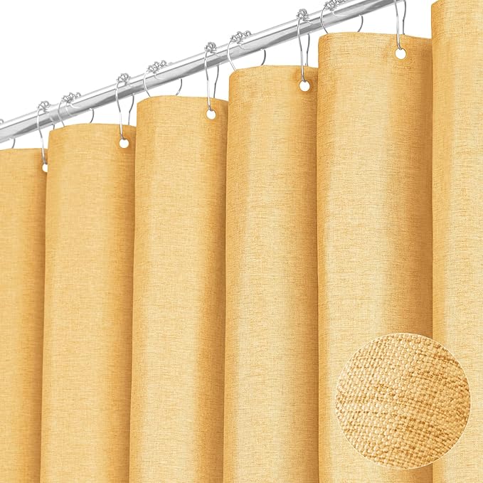 BTTN 78 Inch Long Shower Curtain - Linen Textured Heavy Duty Fabric Shower Curtain Set with 12 Plastic Hooks, Wrinkle Free, Machine Washable, Neutral Cloth Spa Bath Curtains for Bathroom, 72x78, Gold
