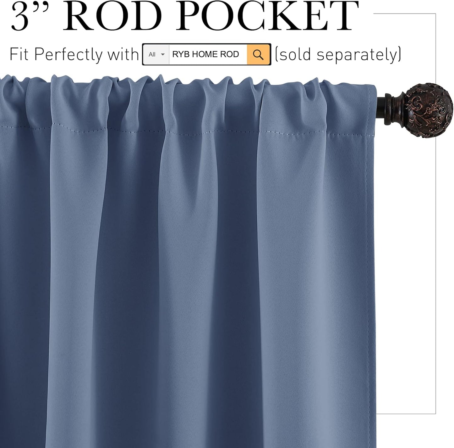 RYB HOME Blackout Closet Curtains - Thermal Insulated Noise Reducing Energy Efficiency Small Window Decor for Kitchen Bedroom Bathroom, 42 inches Wide x 54 inches Long, Stone Blue, 1 Pair