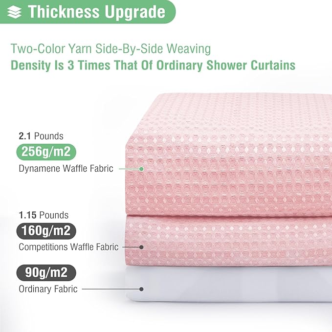 Dynamene Stall Fabric Shower Curtain - 36x72 Waffle Weave Weighted Cloth Shower Curtains for Bathroom, Neutral Heavy Duty Hotel Spa Luxury Bath Curtain Set with 6 Plastic Hooks, Pink