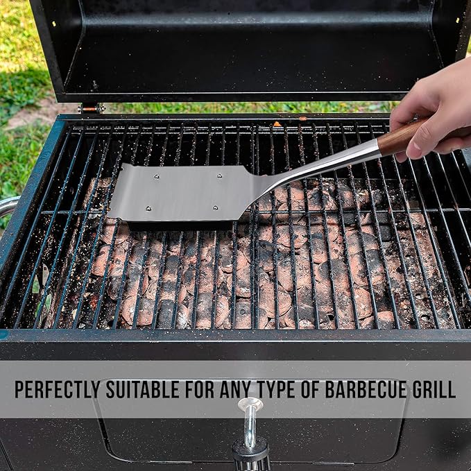 KULUNER Premium Grill Brush and Scraper - Solid Wood Handle, Scratch-Free Stainless Steel Bristles, Includes Replacement Brush Head - Features Bottle Opener, Compatible with All Grills